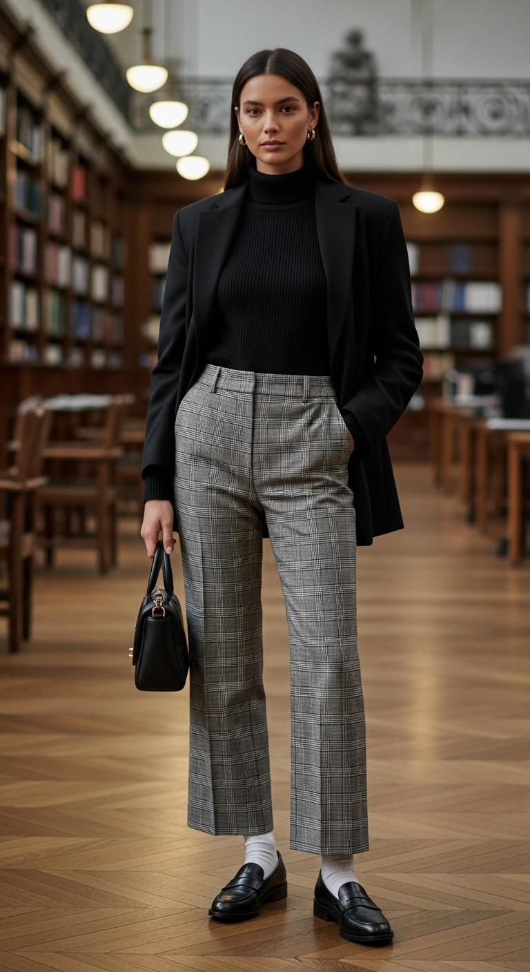 Woman in plaid trousers, black turtleneck, classic loafers, and blazer in a library, smart preppy winter fashion.