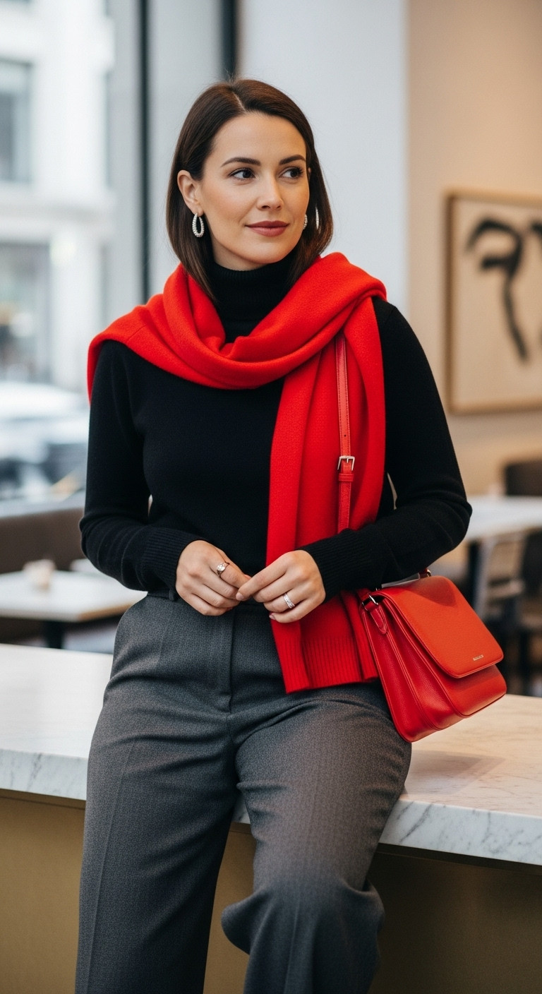 Woman in black turtleneck, gray trousers, with a vibrant red scarf, a chic pop of color in urban winter fashion.