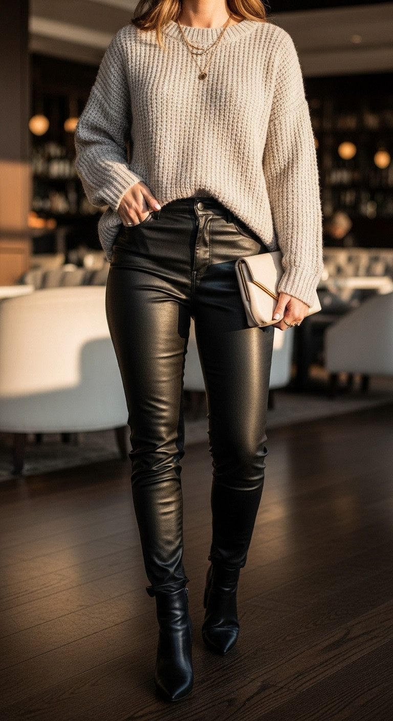 Woman in black faux leather pants, chunky beige knit sweater, ankle boots, and gold clutch, modern winter fashion.