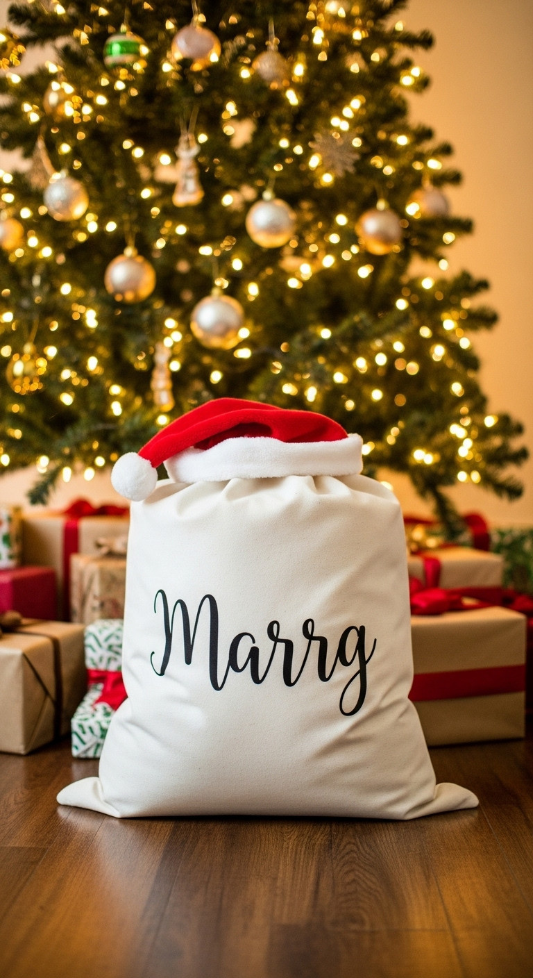 Large canvas Santa sack with personalized name under decorated Christmas tree filled with wrapped presents