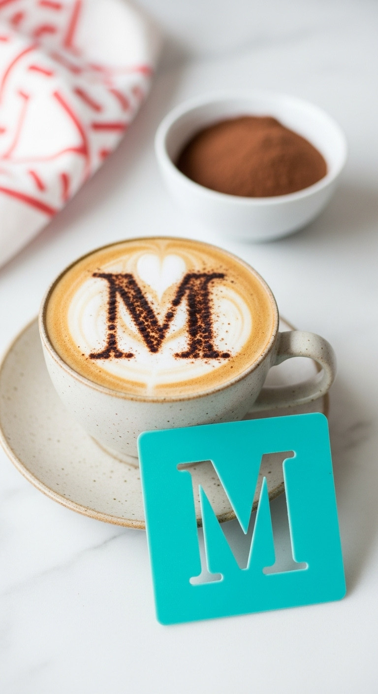 Latte with cocoa initial M and a personalized stencil on a white marble countertop with blurred kitchen background