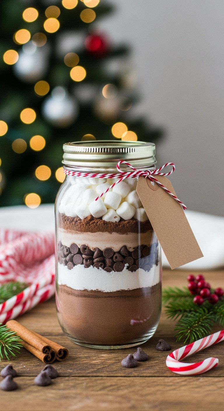 Layered gourmet hot cocoa mix in a Mason jar with mini marshmallows and festive twine on a rustic wooden table
