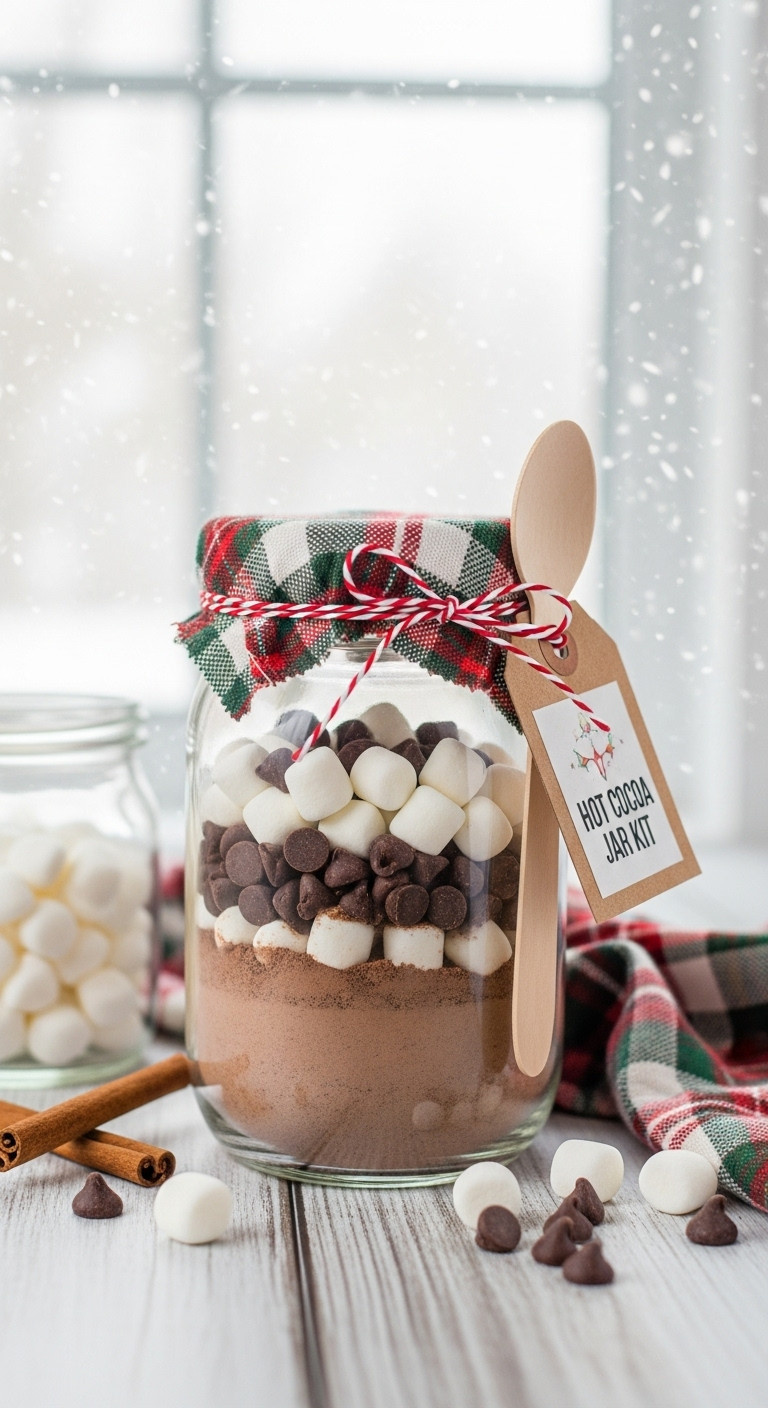 Layered hot cocoa mix with marshmallows and chocolate chips in a Mason jar with festive fabric and wooden spoon on a wooden surface