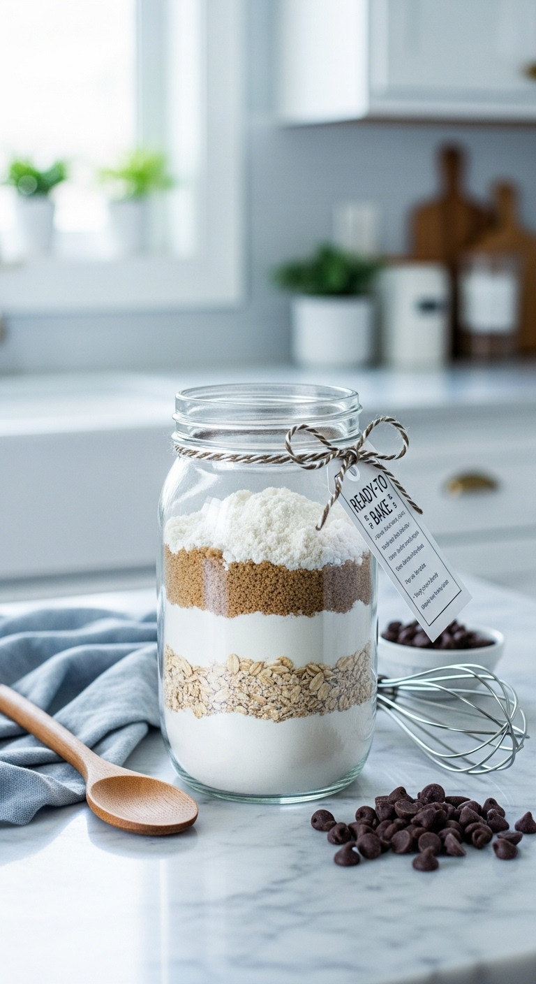 Layered ready-to-bake cookie mix in a jar with a recipe card on a marble counter a perfect homemade neighbor gift