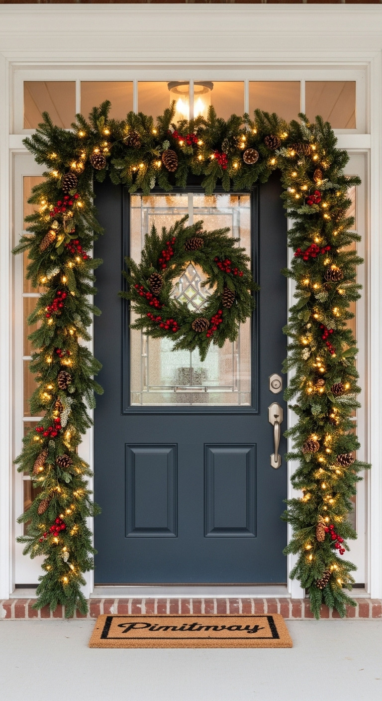 Lush evergreen garland with warm white lights pinecones and red berries framing a classic front door entrance