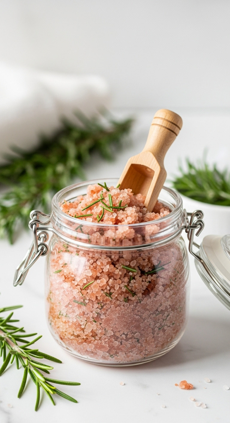 Luxurious glass jar of pink Himalayan and rosemary salt scrub with wooden scoop and fresh rosemary on white marble