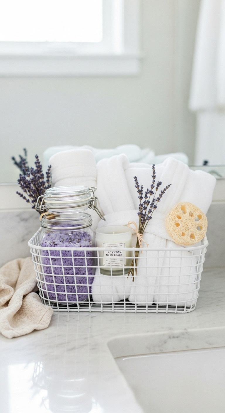 Luxurious homemade lavender bath basket with robe candle and lavender sprigs on marble countertop in a serene bathroom
