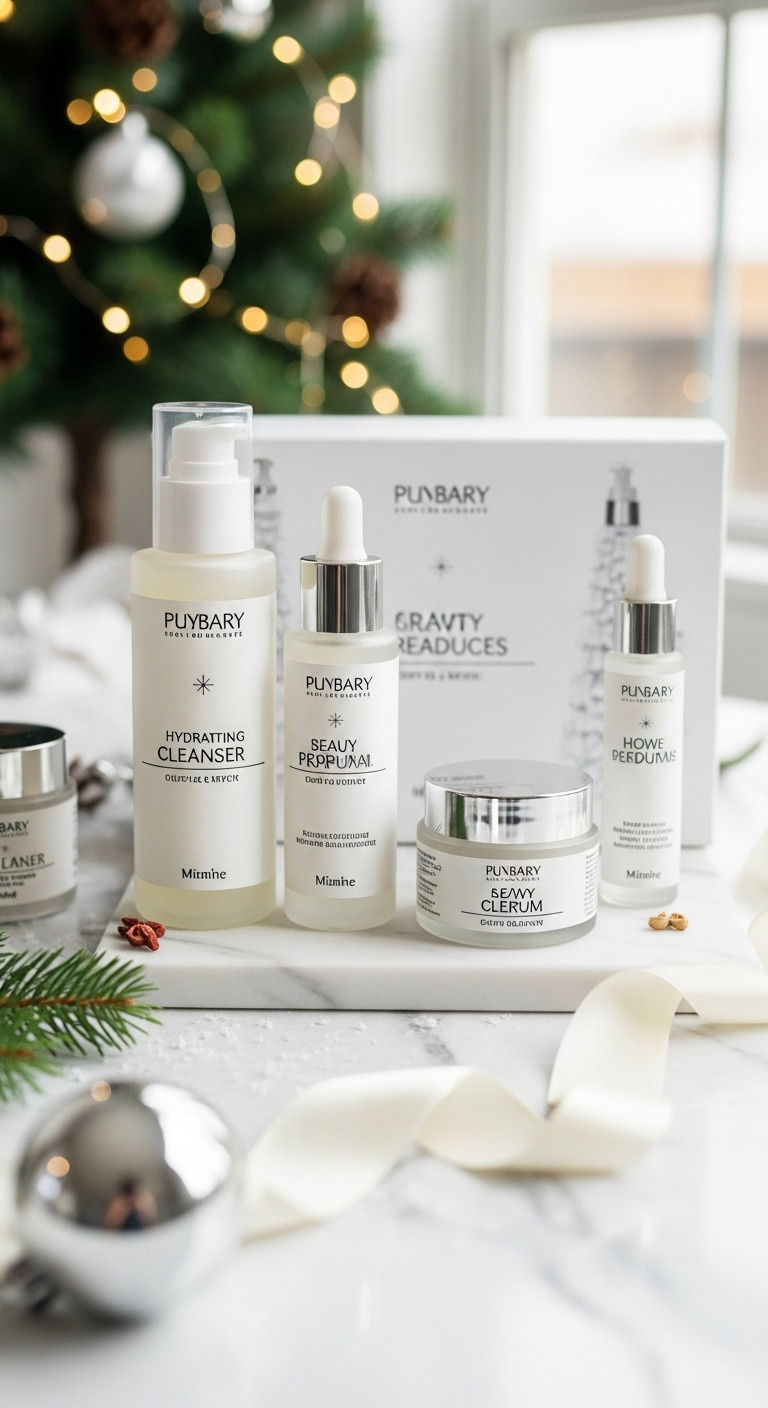 Luxurious hydrating skincare set on white marble with festive pine and silver ornament for Christmas