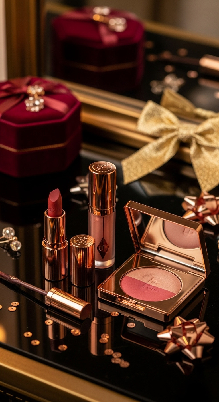 Luxurious lip and cheek kit with lipstick lip gloss highlighter and blush on dark vanity