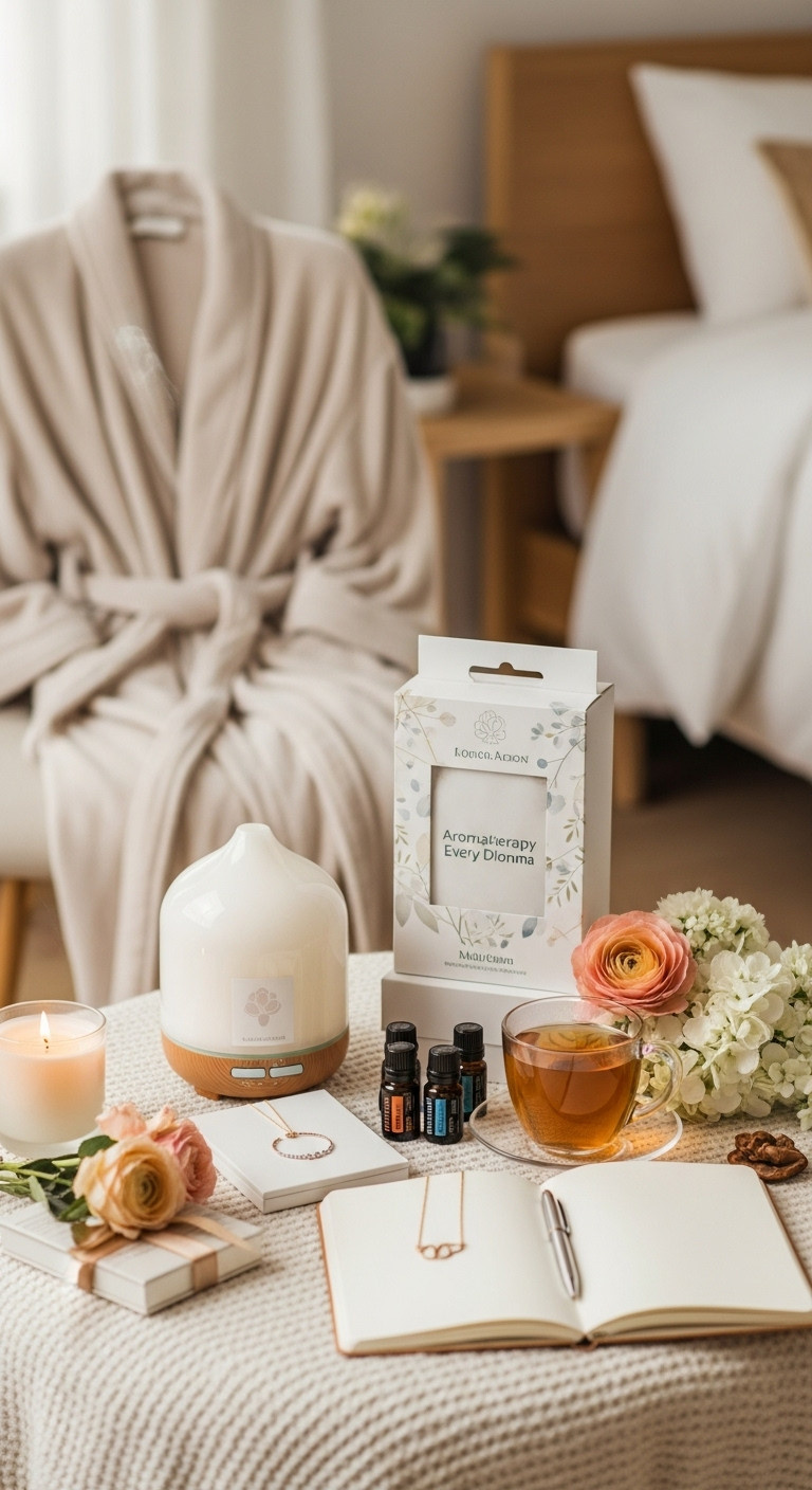 Luxurious self-care gifts for women cozy pampering items with robe jewelry essential oils journal flowers soft pastel aesthetic