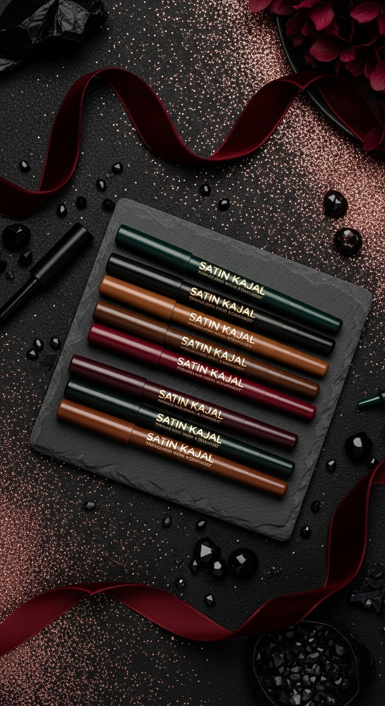 Luxury eyeliner set with eight jewel toned satin kajal eyeliners on a black slate surface