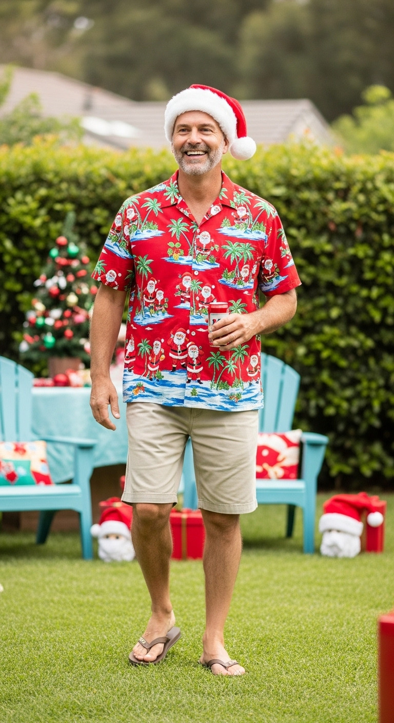 Man in a Christmas-themed Hawaiian shirt and khaki shorts, wearing flip-flops and a Santa hat at a backyard holiday party