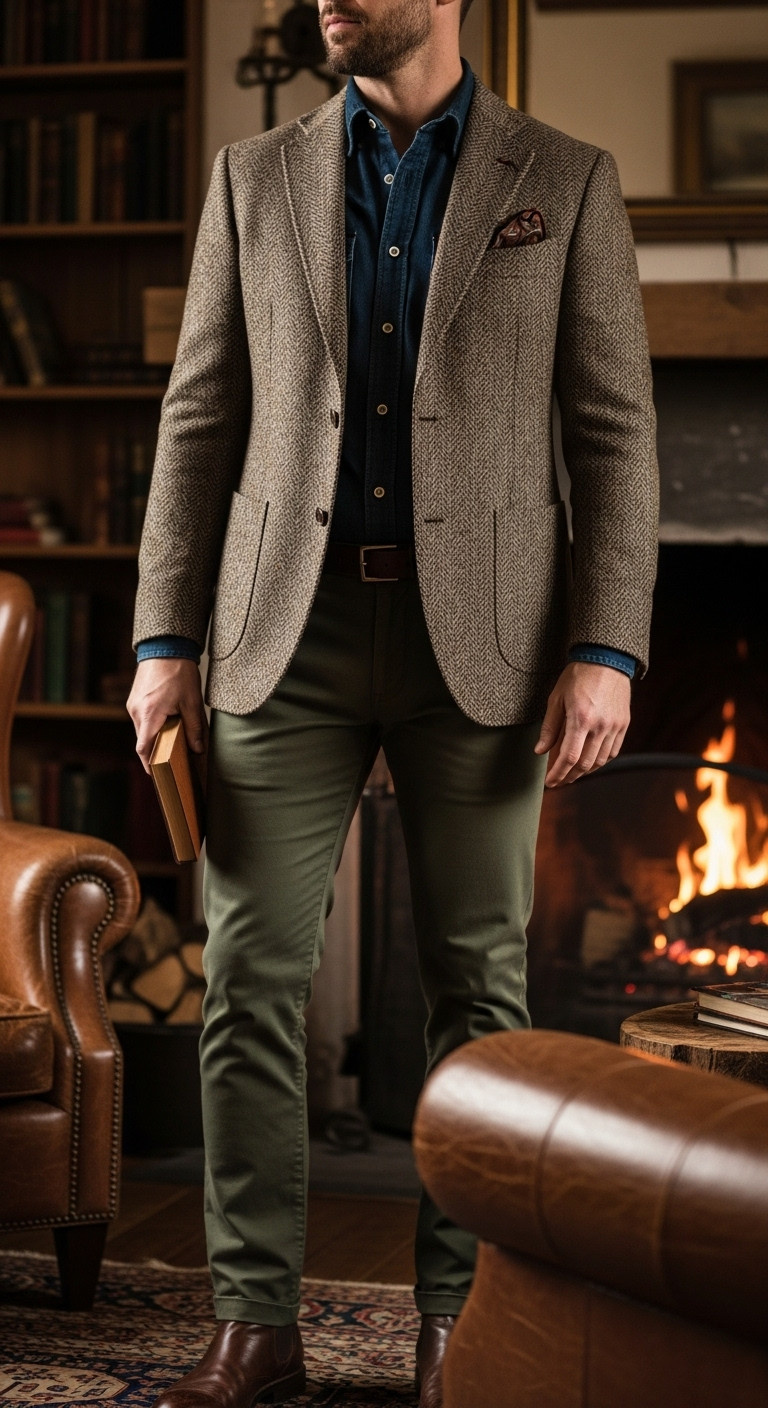 Man in a herringbone tweed blazer over a denim shirt and olive chinos, holding a book in a rustic library with a fireplace