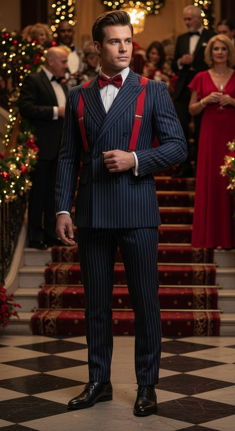 Man in a sharp double-breasted pinstripe suit, white shirt, red suspenders, and bowtie at a formal Christmas party