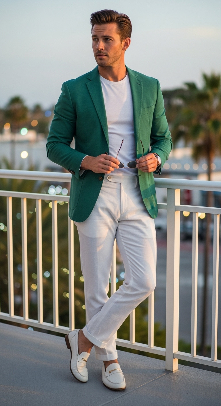 Man in an emerald green blazer with rolled sleeves, white t-shirt, white linen trousers, and loafers on a city balcony at dusk
