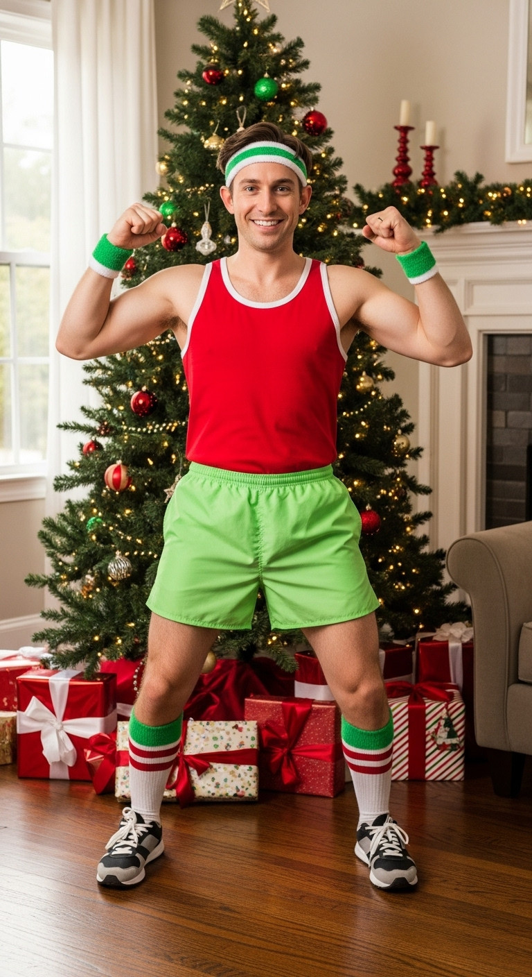 Man in neon green shorts, red tank top, white headband, and wristbands striking an 80s workout pose near a Christmas tree