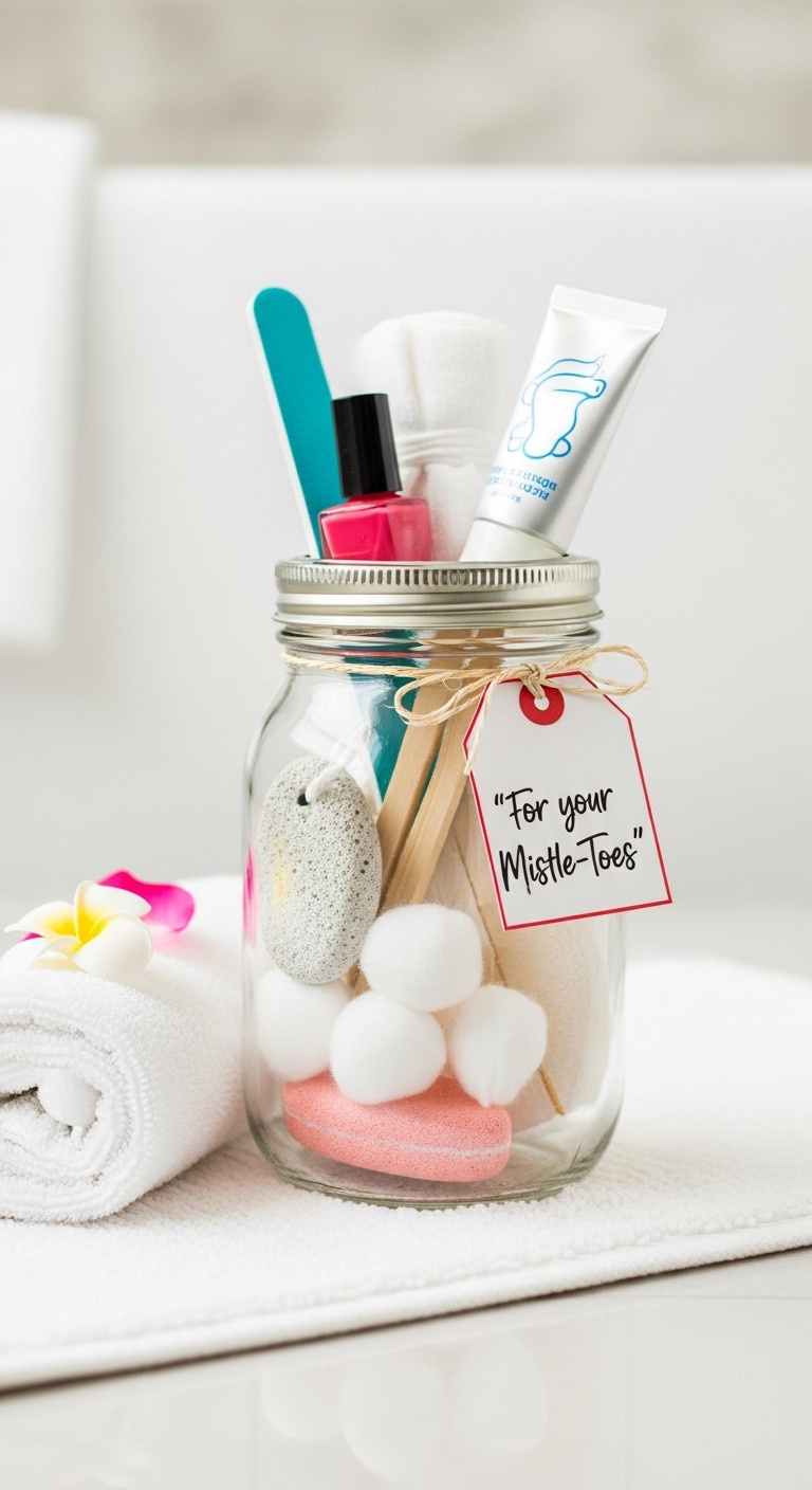 Mason jar filled with pedicure supplies nail polish pumice stone and foot cream on a white bath mat