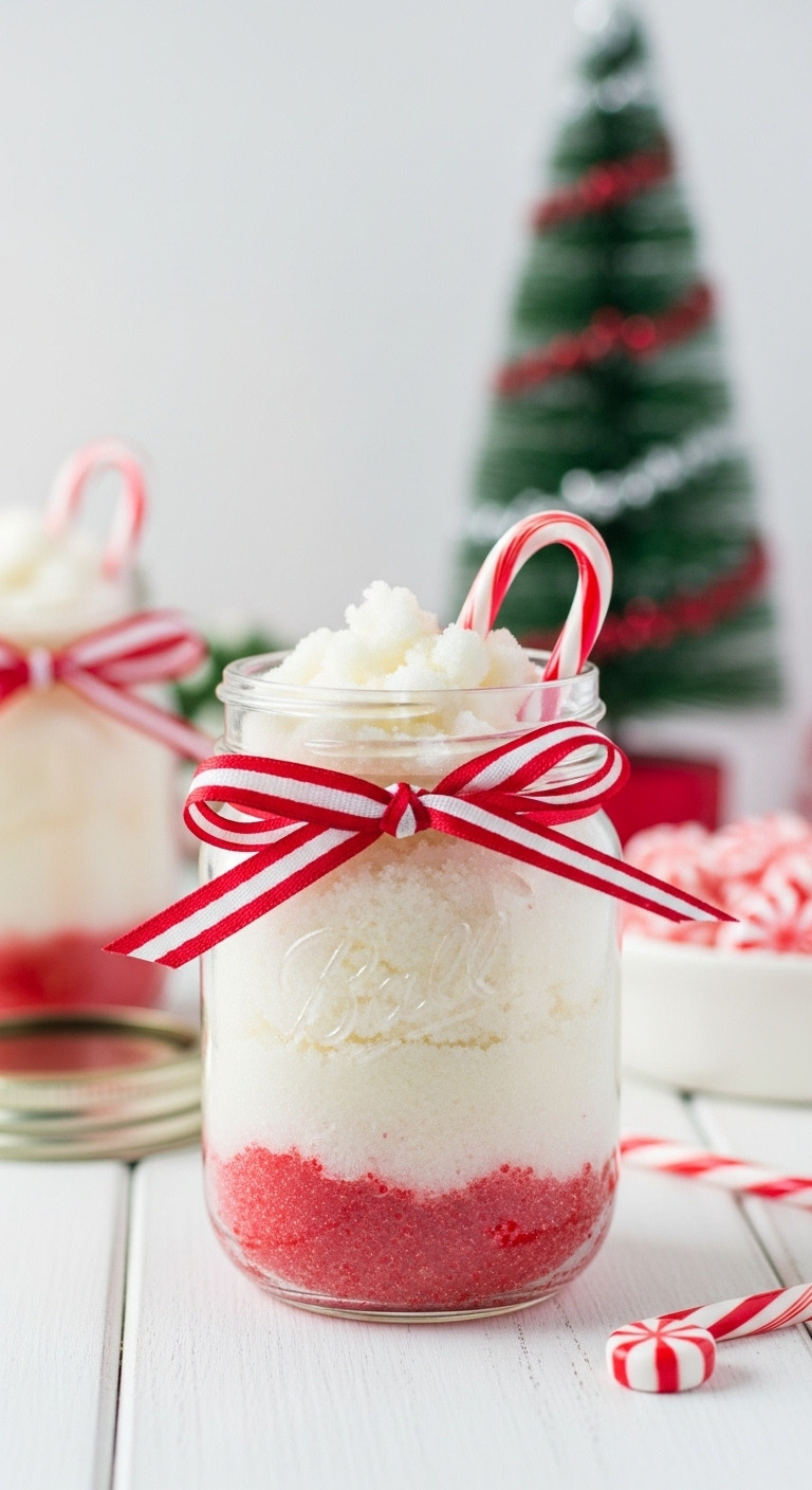 Mason jar of peppermint layered sugar scrub with festive ribbon and candy cane on white wood with blurred Christmas lights