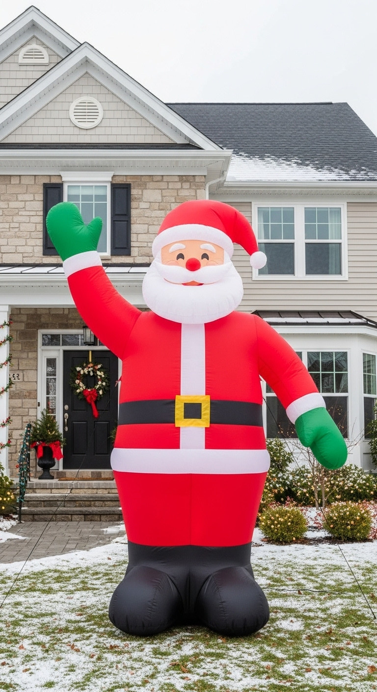 Massive internally-lit inflatable Santa Claus waving cheerfully in a suburban front yard on a clear winter day