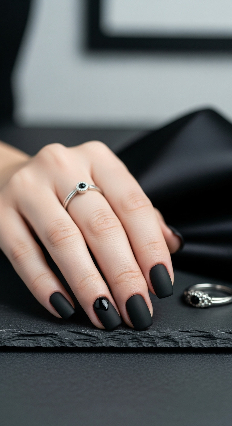 Matte black French tip Halloween nails elegant lifestyle photography