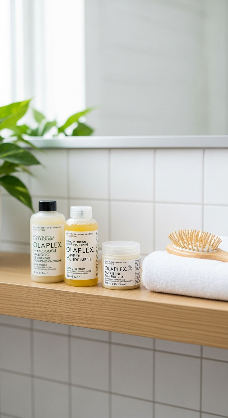 Minimalist bond repairing hair treatment kit on a light wood shelf in a modern bathroom