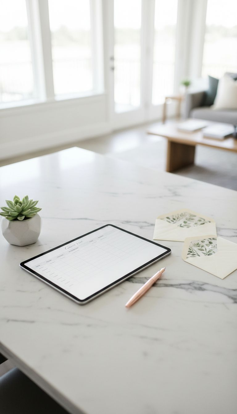 Minimalist wedding guest list with elegant pen, succulent, unsealed invitations on marble for efficient planning.