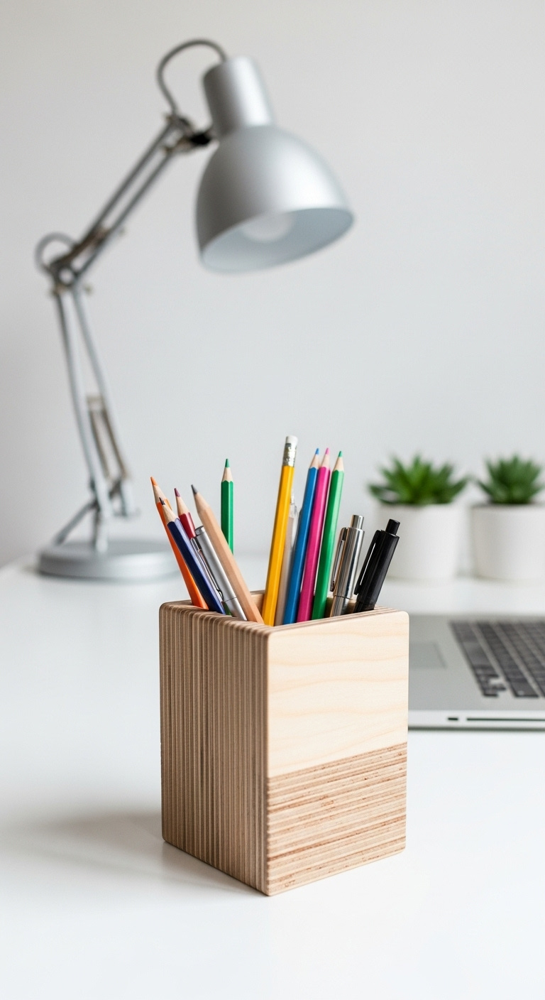 Modern plywood pencil holder filled with colorful pens on a white desk in a minimalist home office setting