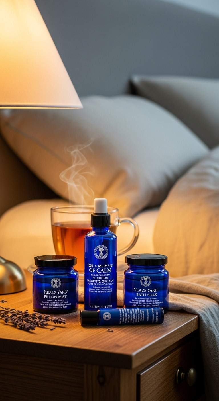 Neal's Yard Moments of Calm Collection with blue glass bottles on a wooden bedside table with herbal tea