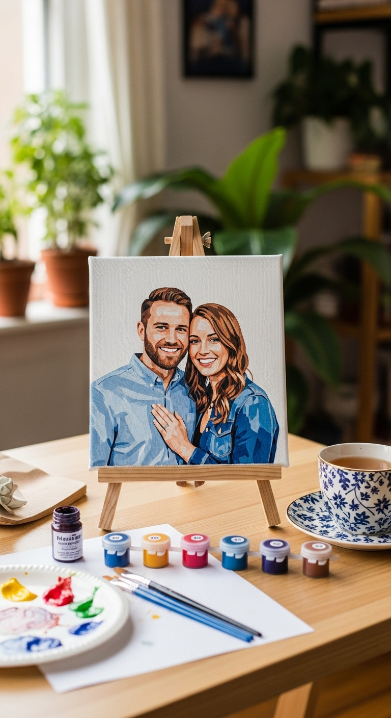 Nearly finished custom paint-by-numbers canvas of a couple's portrait on a wooden easel with paints and brushes