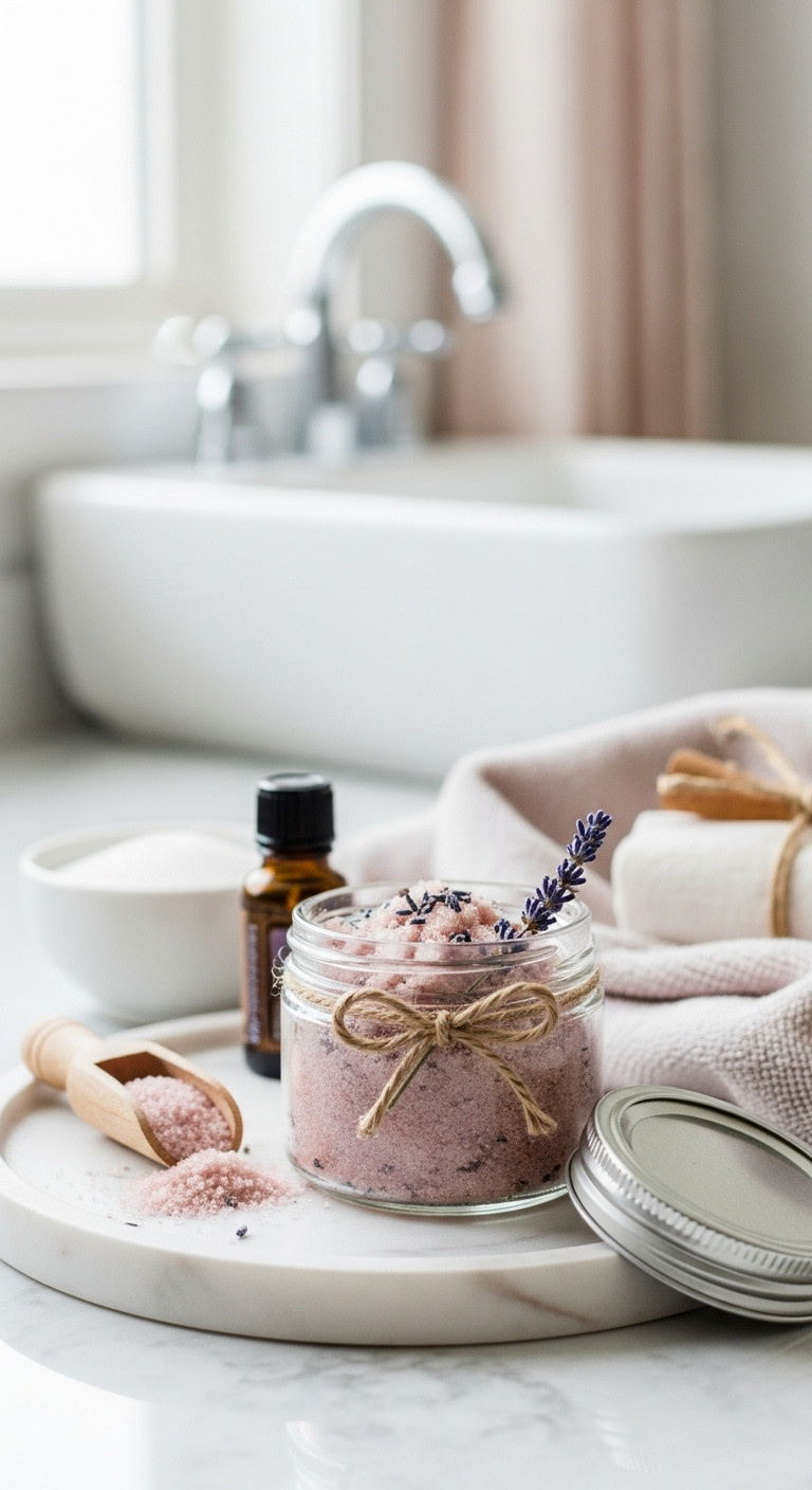 Nourishing DIY hand scrub in a glass jar with a lavender sprig on a marble vanity tray for parents