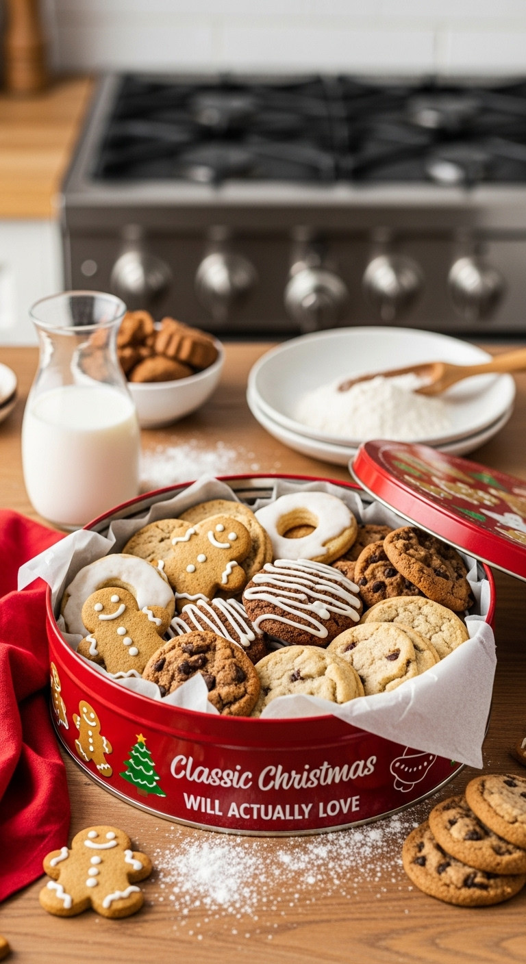 Open festive cookie tin filled with assorted homemade Christmas cookies on a kitchen counter for neighbors
