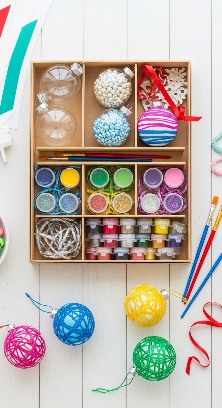 Organized DIY ornament craft kit in a wooden box with fillable ornaments paints glitter and brushes on a white tabletop
