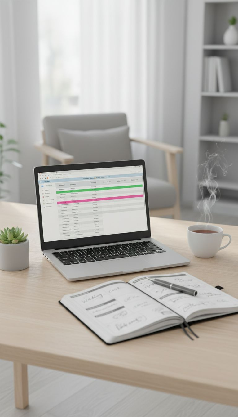 Organized wedding budget spreadsheet on a laptop, financial planner, notes, pen, tea cup on light wood desk.