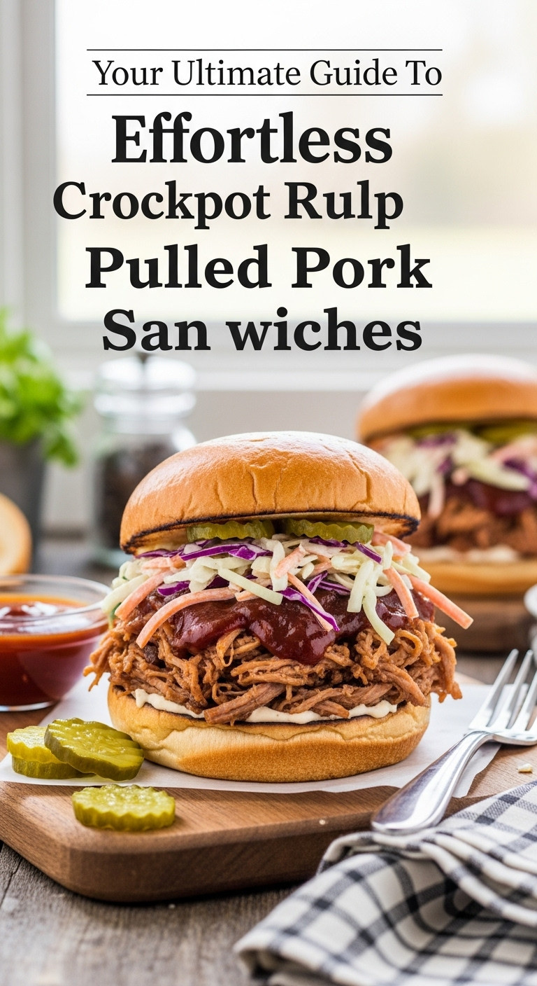Overflowing slow cooker pulled pork sandwich, coleslaw, BBQ sauce on a toasted bun, rustic board, crispy pickles.