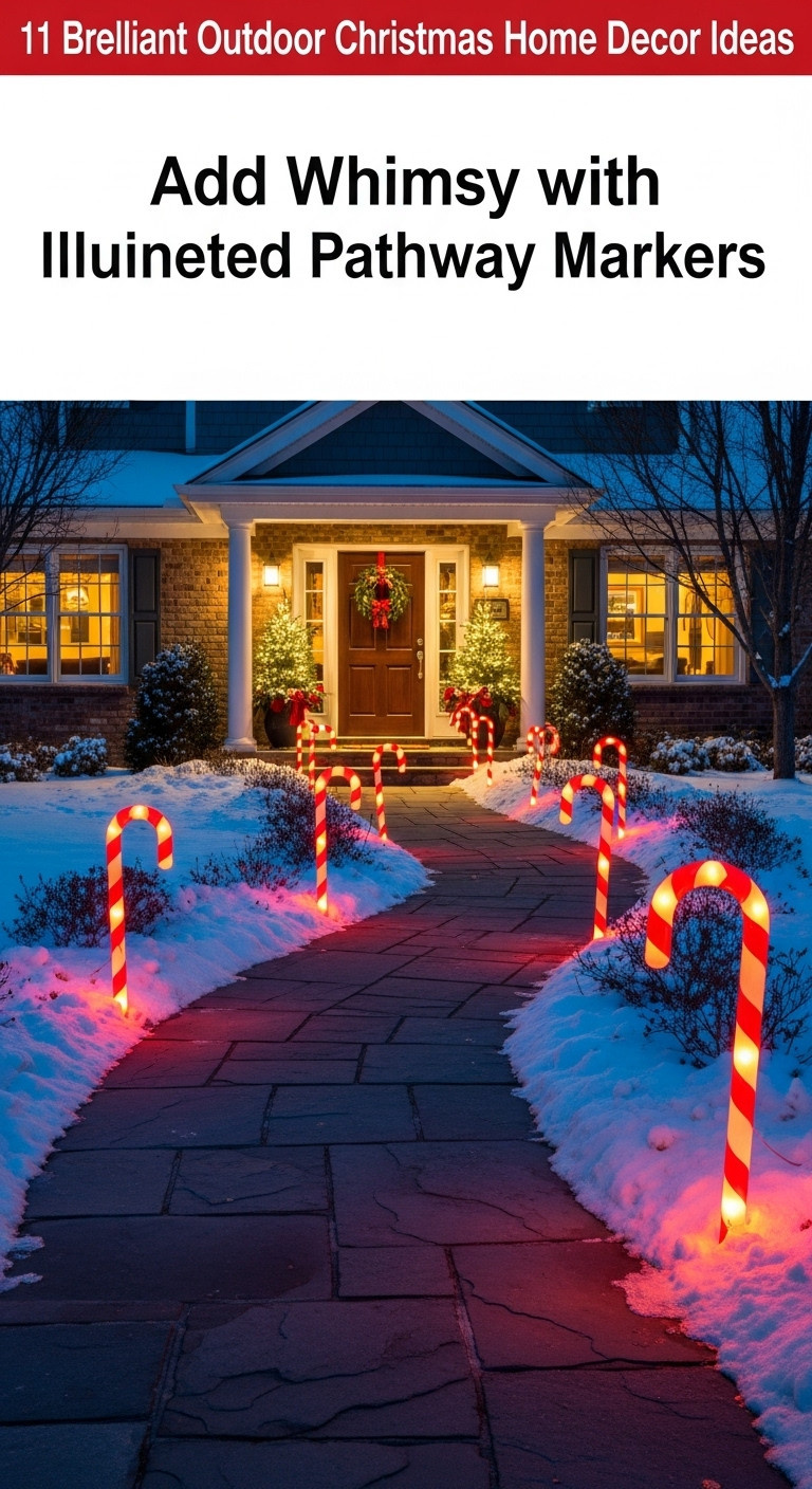 Oversized glowing candy cane pathway markers lining a snow-covered walkway leading to a warmly lit house at night