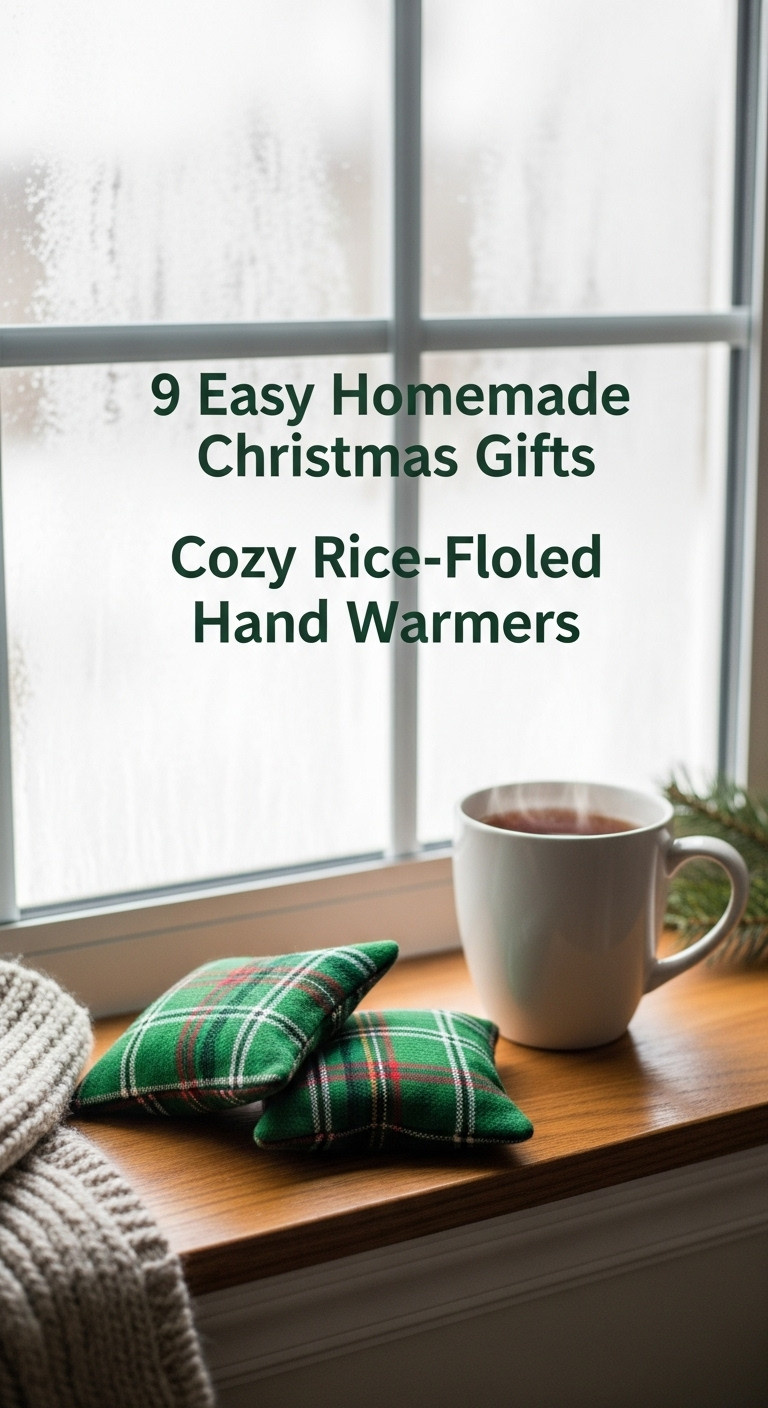 Pair of cozy plaid flannel rice hand warmers next to a steaming mug on a windowsill for neighbors