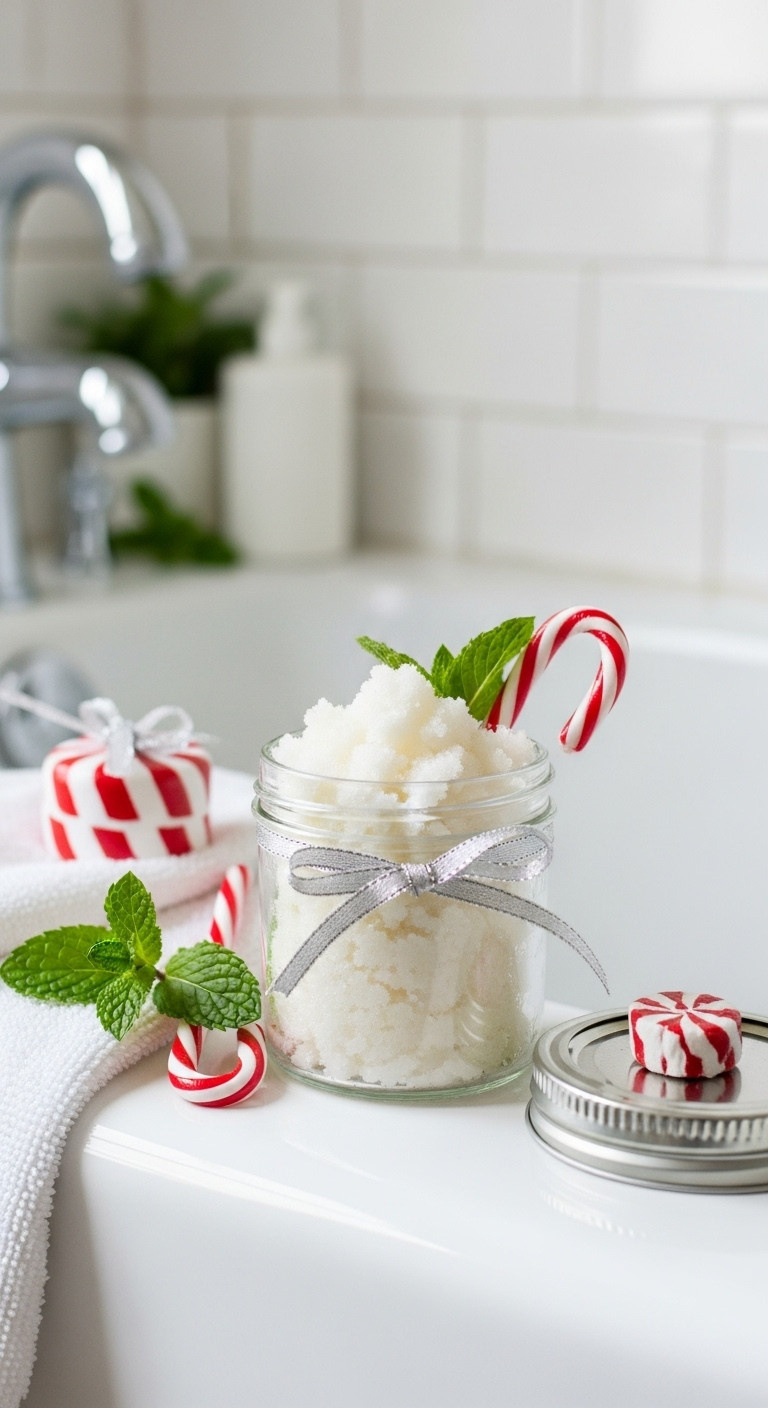 Peppermint sugar scrub in a small glass jar with mint leaves and candy cane on a bathtub edge