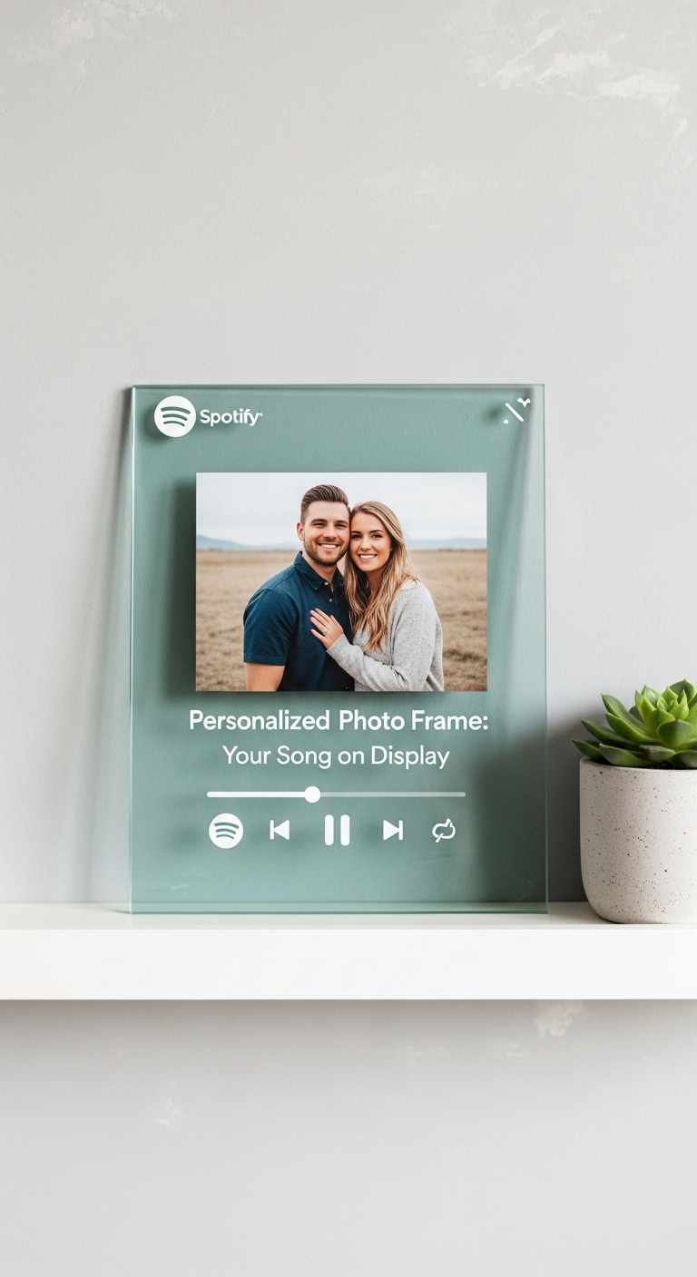 Personalized Spotify photo frame with couple's photo and song interface on a white shelf with a succulent