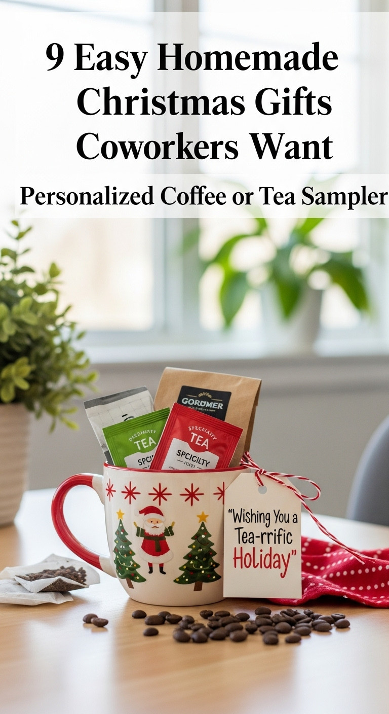 Personalized coffee and tea sampler gift set in a festive mug with a gift tag and blurred office background