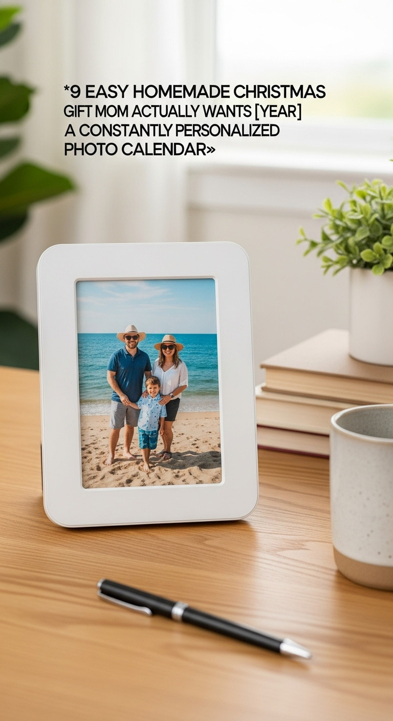 Personalized digital photo frame displaying a family vacation photo on a light oak home office desk with a coffee mug and plant