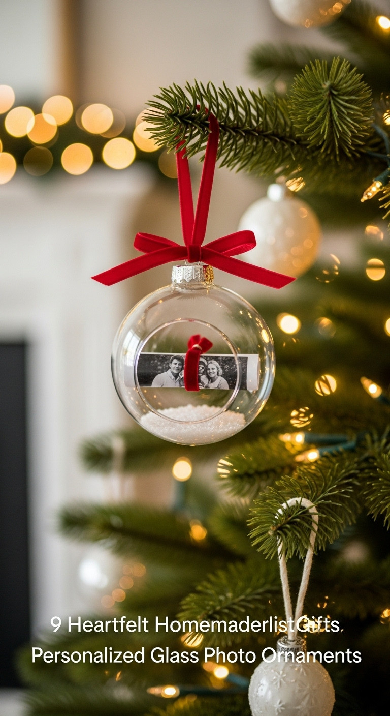 Personalized glass photo ornament with a family picture inside hanging on a Christmas tree for parents
