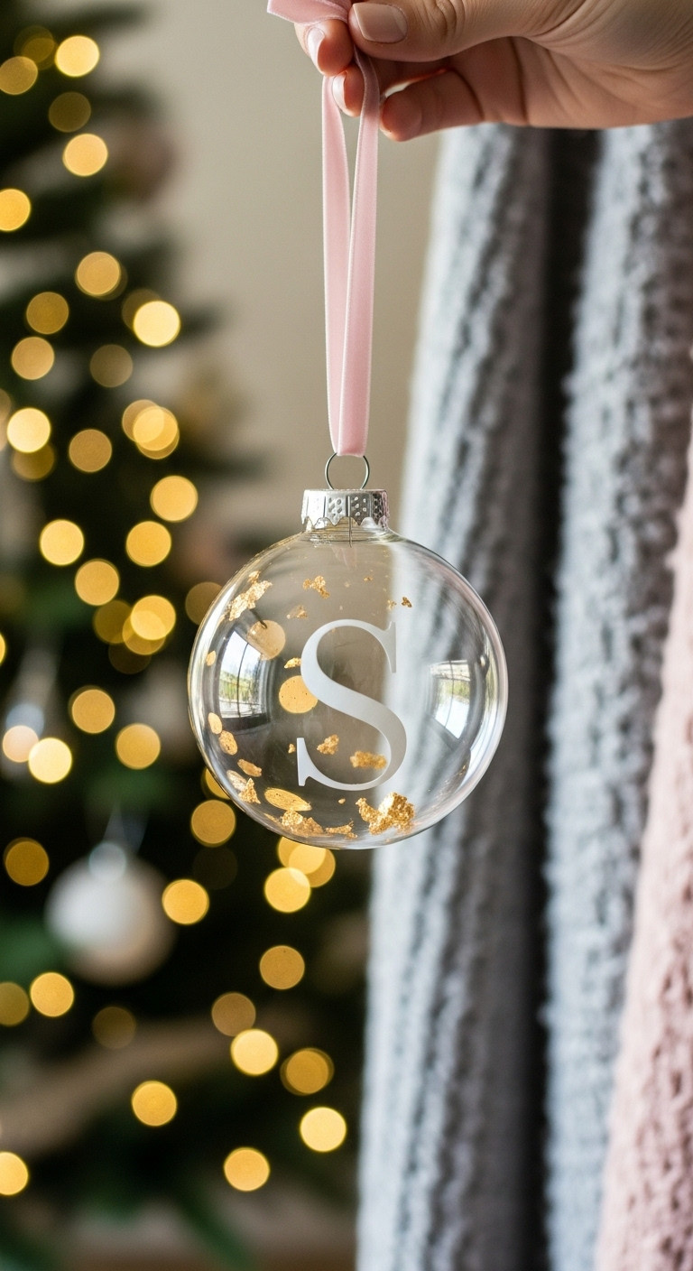 Personalized hand-painted glass ornament with an initial and gold leaf hanging from a velvet ribbon on a Christmas tree