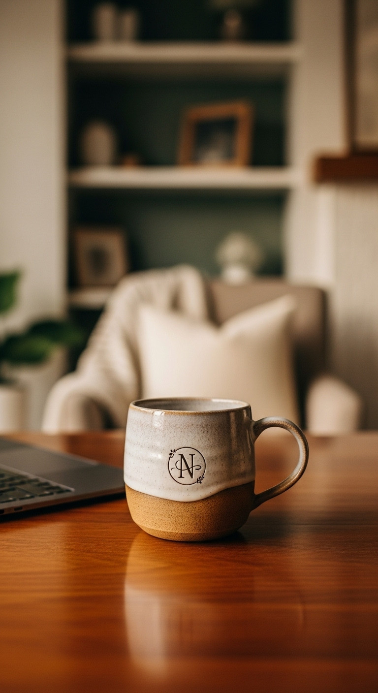 Personalized handmade mug with elegant custom logo and rustic glaze on a wooden desk. Cozy home office decor, unique ceramic gift.