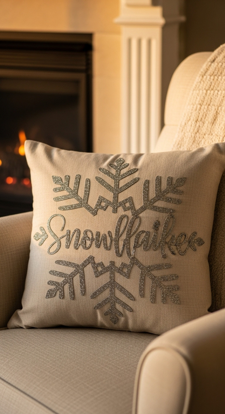Personalized snowflake pillow with glitter design on armchair by fireplace with Christmas tree and knit blanket