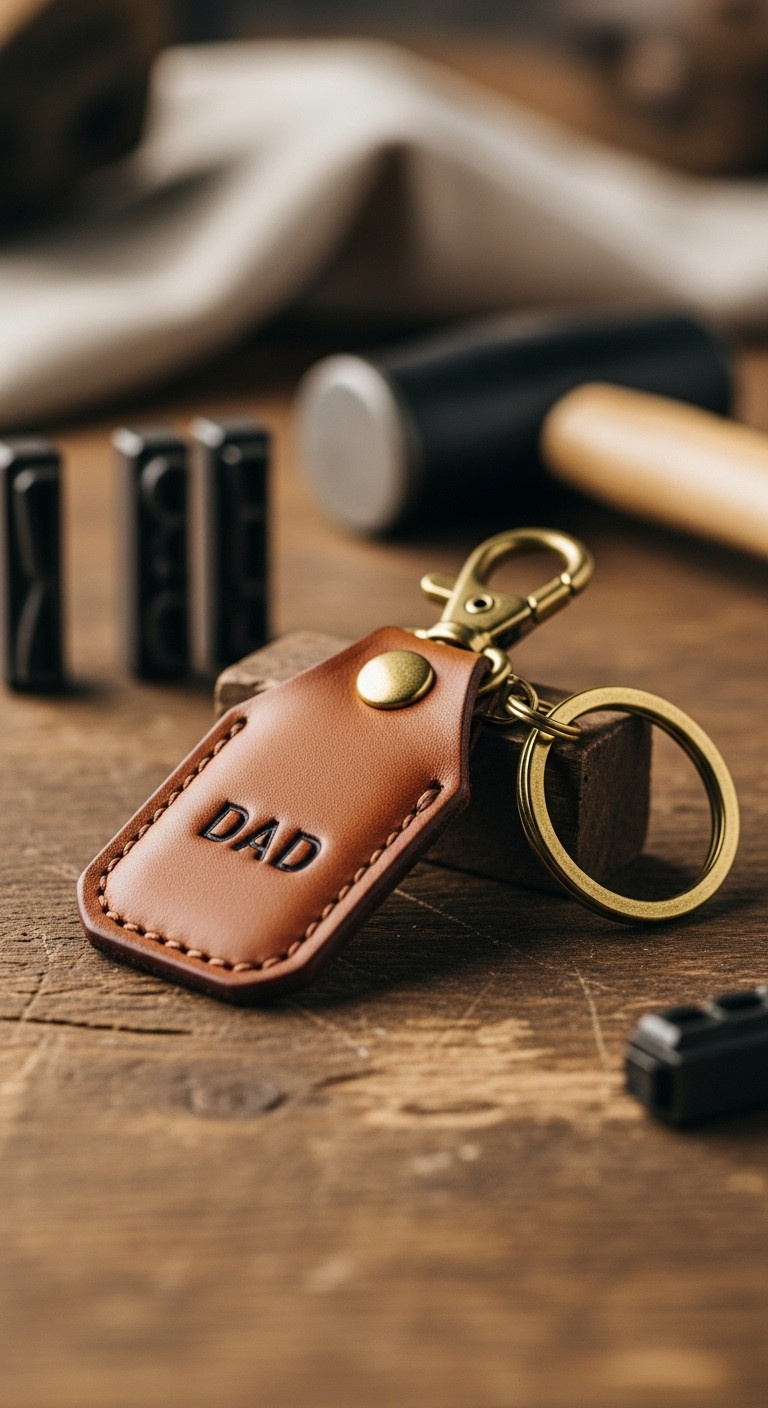 Personalized stamped brown leather keychain with DAD initials and brass key ring on a distressed wooden work surface with letter stamps