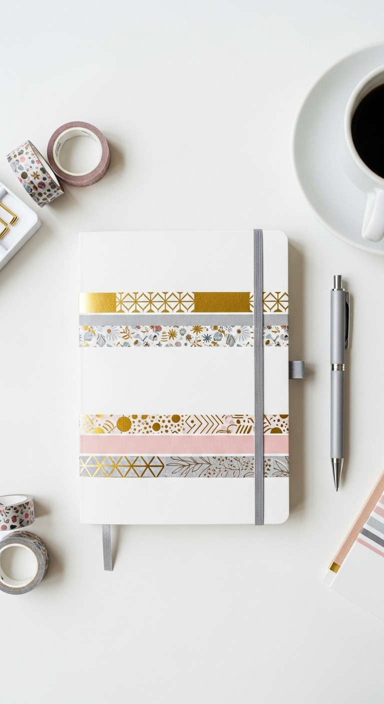 Personalized washi tape diary with gold foil botanical and pastel patterns on a white desk with tape pen and coffee