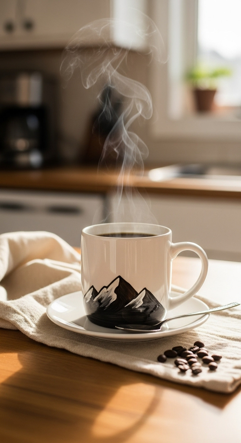 Personalized white ceramic mug with custom hand-painted design filled with steaming coffee on a natural wood kitchen counter