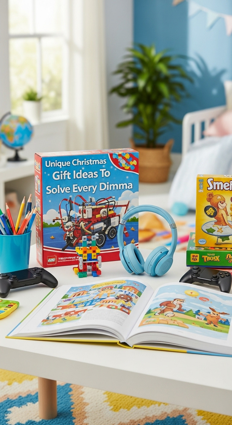 Playful educational gifts for kids and teens on modern play table vibrant STEM tech books games headphones lifestyle photography