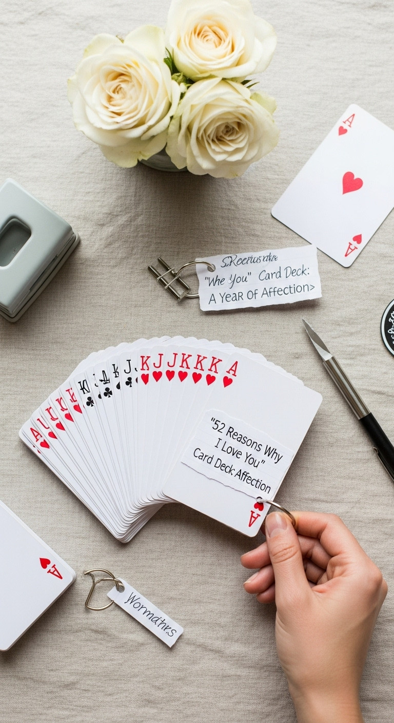 Playing cards fanned out transformed into a 52 Reasons Why I Love You deck with handwritten notes
