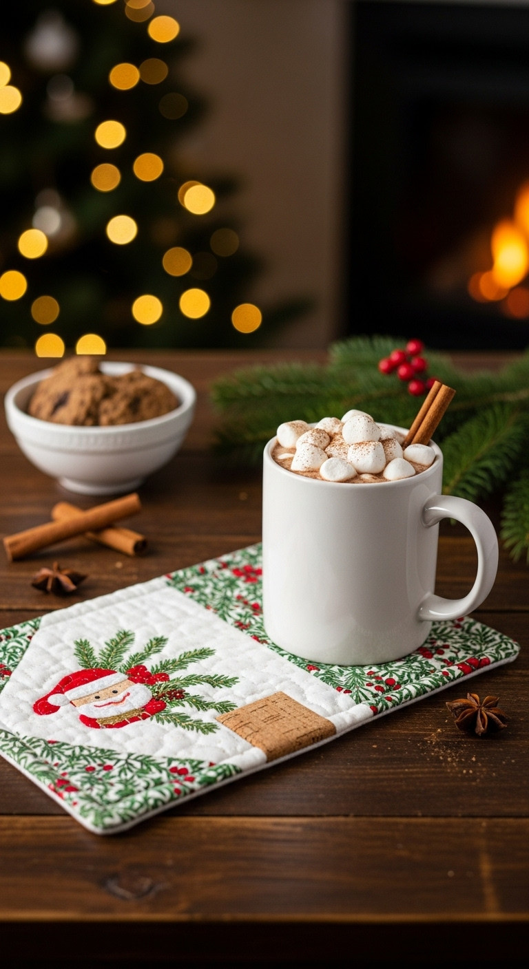 Quilted Christmas fabric mug rug next to a steaming hot cocoa mug with marshmallows and cookies on a rustic table